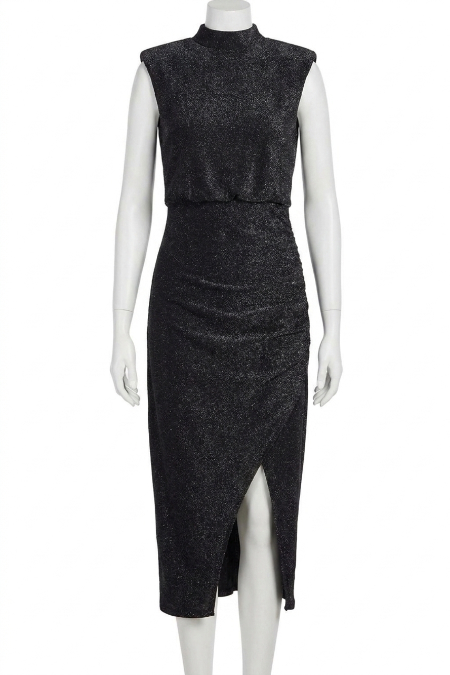 NEW APRICOT sparkle mock neck ruched dress in black